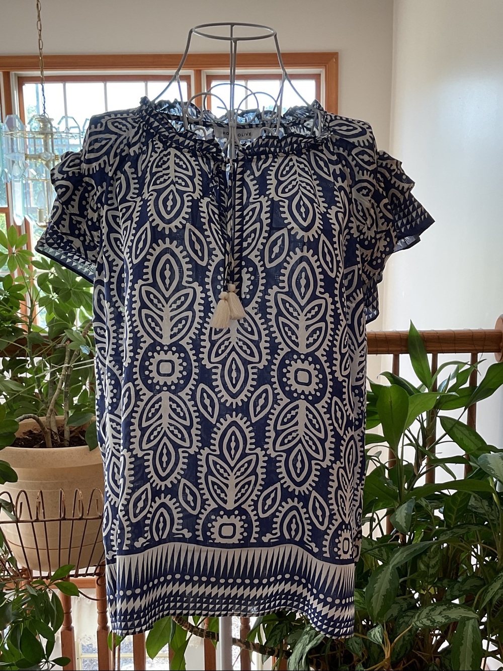 Rose & Olive Navy and White Printed Short Sleeve Peasant Blouse NWT Size XL